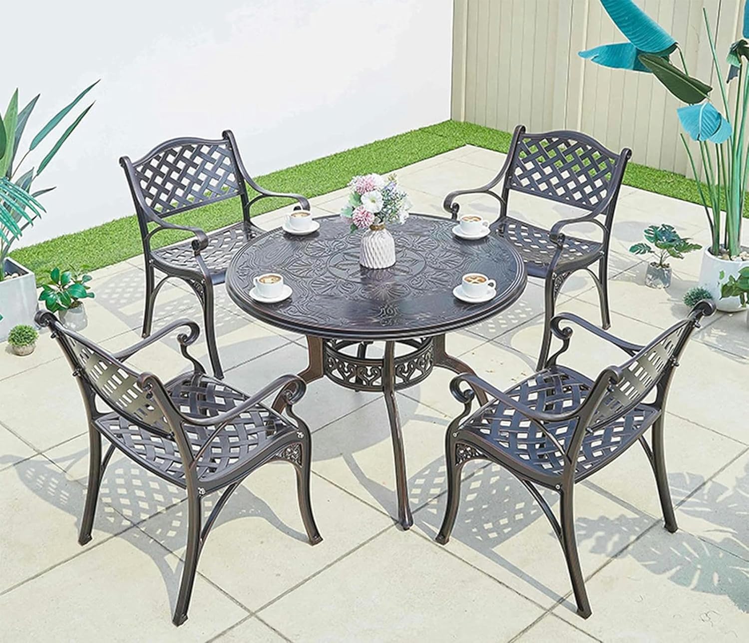 Garden Bench Cast Aluminium Outdoor Dining Set of 4 Chairs & Round Table,Outdoor Garden Furniture for Patio, Terrace, Decking,Durable