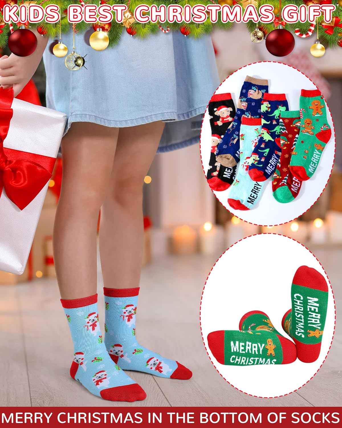 Patelai 6 Pairs Kids Christmas Socks Funny Holiday Crew Socks Bulk for Boys Girls 7-10 Years Santa Dinosaur Gingerbread Xmas Gifts for School Stocking Stuffers - Image 3