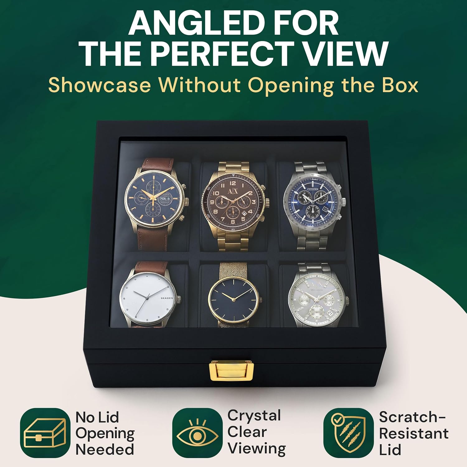 Natural Wooden Watch Display Case for Men Women – Luxury Real Wood Angled Showcase with Scratch-Resistant Glass Lid, Watch Box Stand, Giftable Timepiece Holder and Organizer for 6-slot Collection