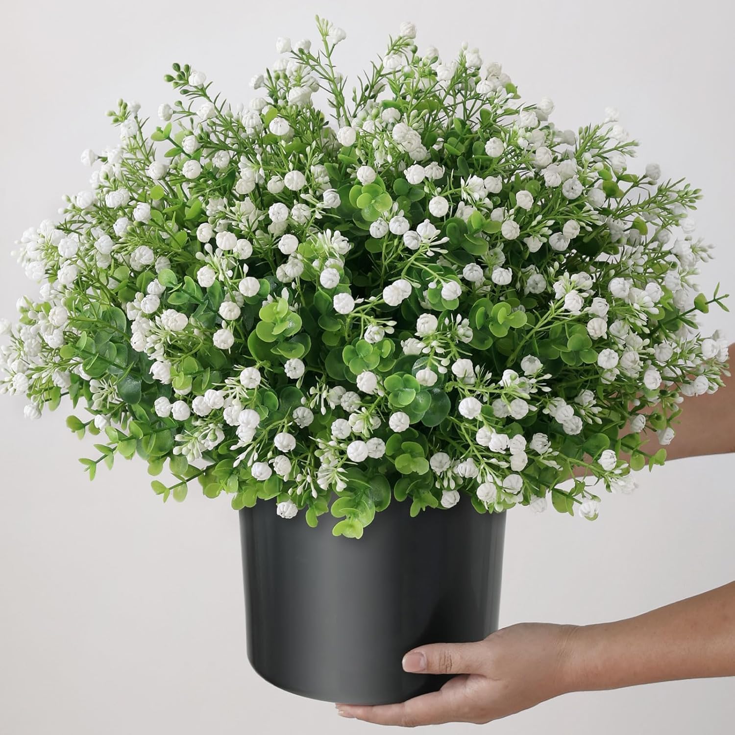 Artificial Eucalyptus with Baby's Breath Topiary Ball Trees - 2 Set Plastic Faux Eucalyptus Plants in Pot, Sun Resistant Fake Greenery Potted Bushes for Front Door Farmhouse Garden Porch Decor