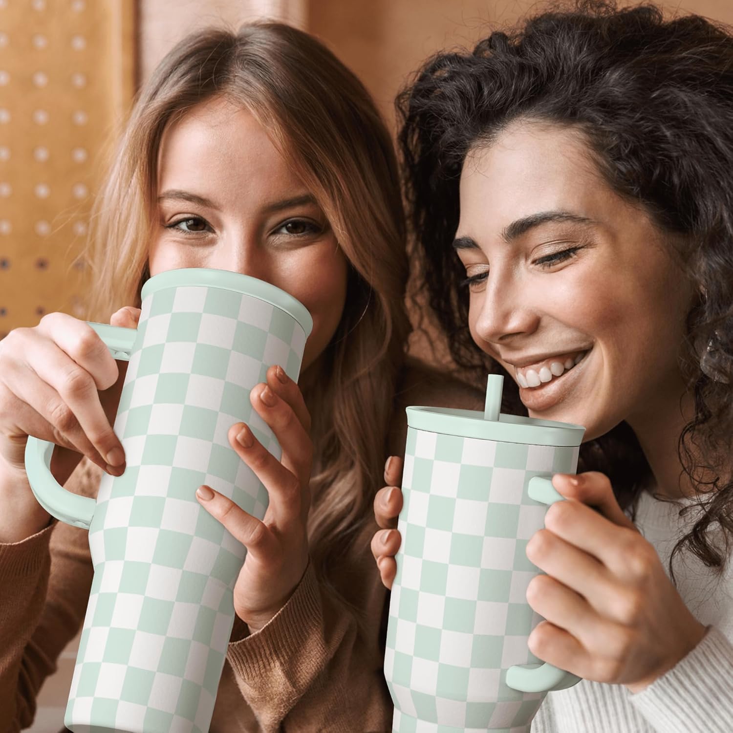 SANDJEST Checkered Tumbler with Handle 40oz, Mint Checker Cup Stainless Steel Insulated Tumblers Coffee Travel Mug Cups with Straw, Gifts for Women Girls Teen Birthday Christmas - Image 7