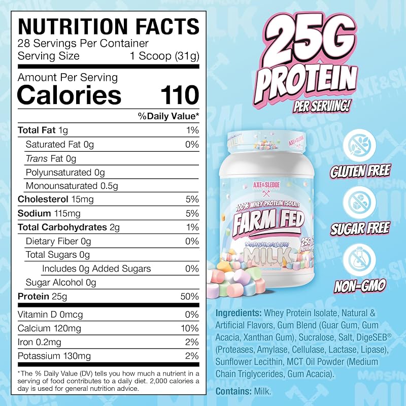 Axe & Sledge Farm Fed 100% Whey Protein Isolate | 25g Protein | Low Carb, Low Sugar, Soy Free, Gluten Free | Protein Powder for Men and Women | Keto | Made in the USA | 28 Servings, Marshmallow Milk image 2