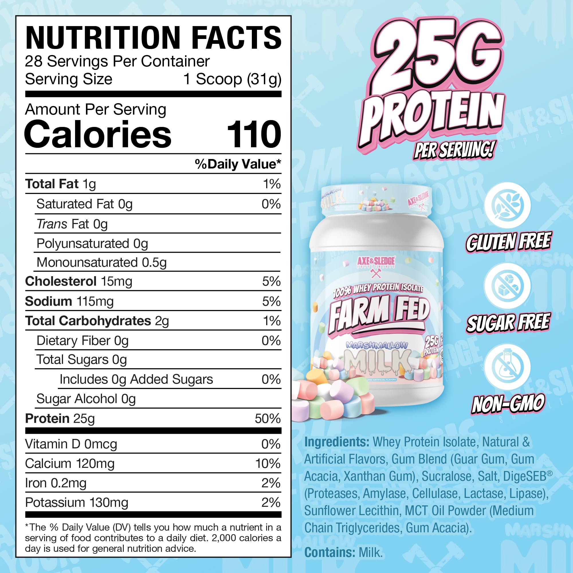 Axe & Sledge Farm Fed 100% Whey Protein Isolate | 25g Protein | Low Carb, Low Sugar, Soy Free, Gluten Free | Protein Powder for Men and Women | Keto | Made in the USA | 28 Servings, Marshmallow Milk — Amazon image 2