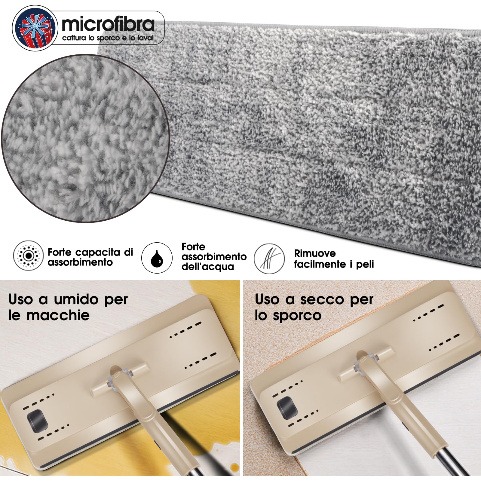 Mocio Lavapavimenti e Secchio Strizzatore, Masthome Mocio Piatto Professionale,Mocio in Microfibra con Secchio,per Lavaggio Pavimenti,Strizzatura a Mani Libere,con 6 Panni Riutilizzabili,Beige