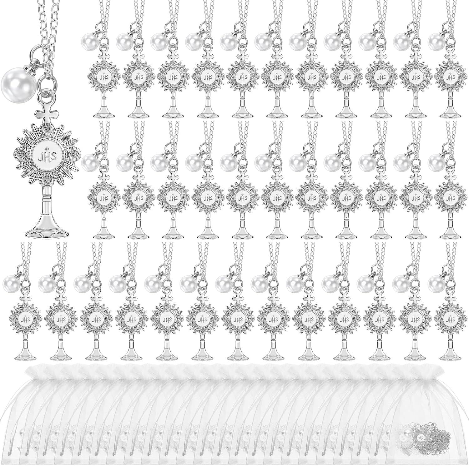 Quelay Catholic First Communion Gifts for Women - Baptism Necklace JHS Cross White Pearl Rosary Church Bulk Christening Favor