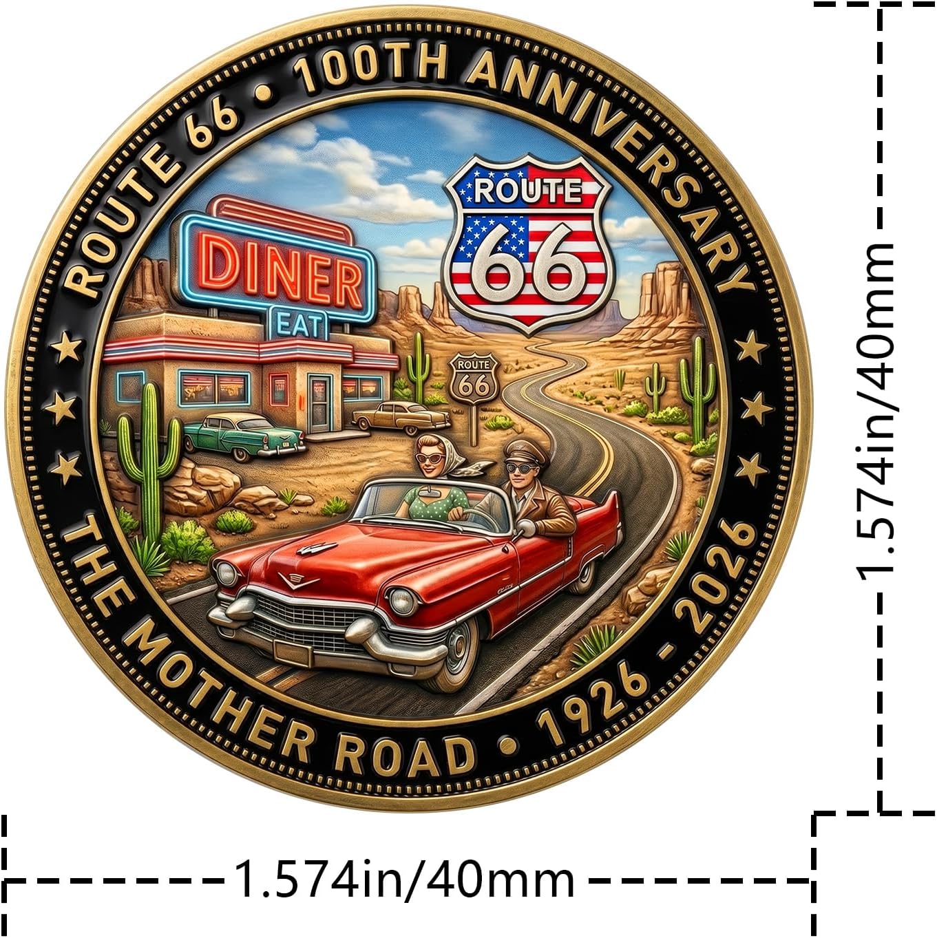 Route 66 Centennial Commemorative Coin,100th Anniversary 1926-2026 Mother Road 3D Engraved Souvenir Medallion Zinc Alloy Double-Sided Design Map Gift for Road Trip Lovers and Car Enthusiasts