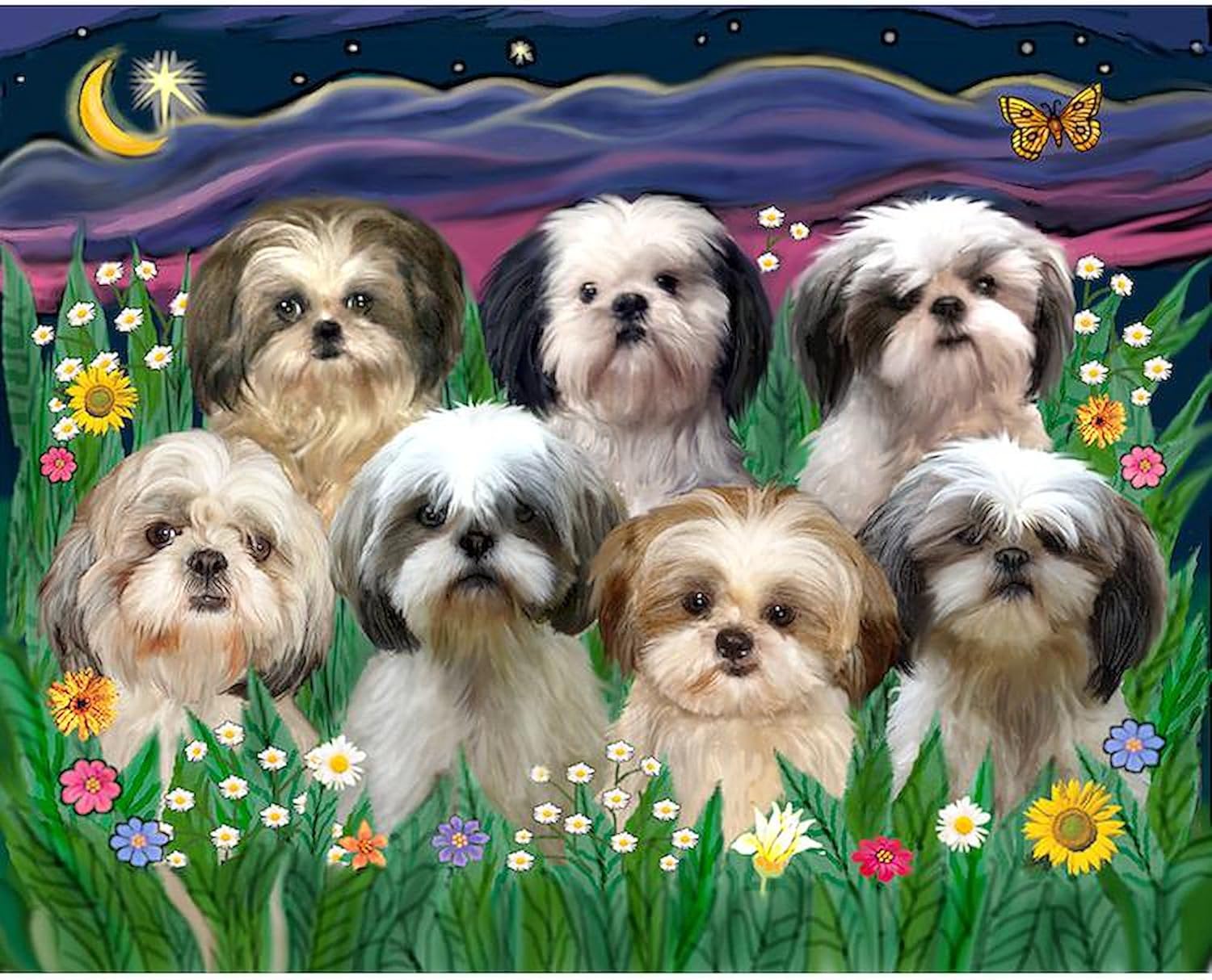 CafePress 7 Shih Tzus in Moonlight Decorative Fabric Shower Curtain