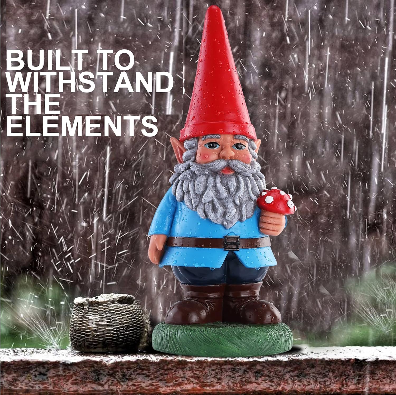 Garden Gnome Holding Mushroom - Funny Yard Ornament - Classic Gnome Decor - 14 Inch Tall