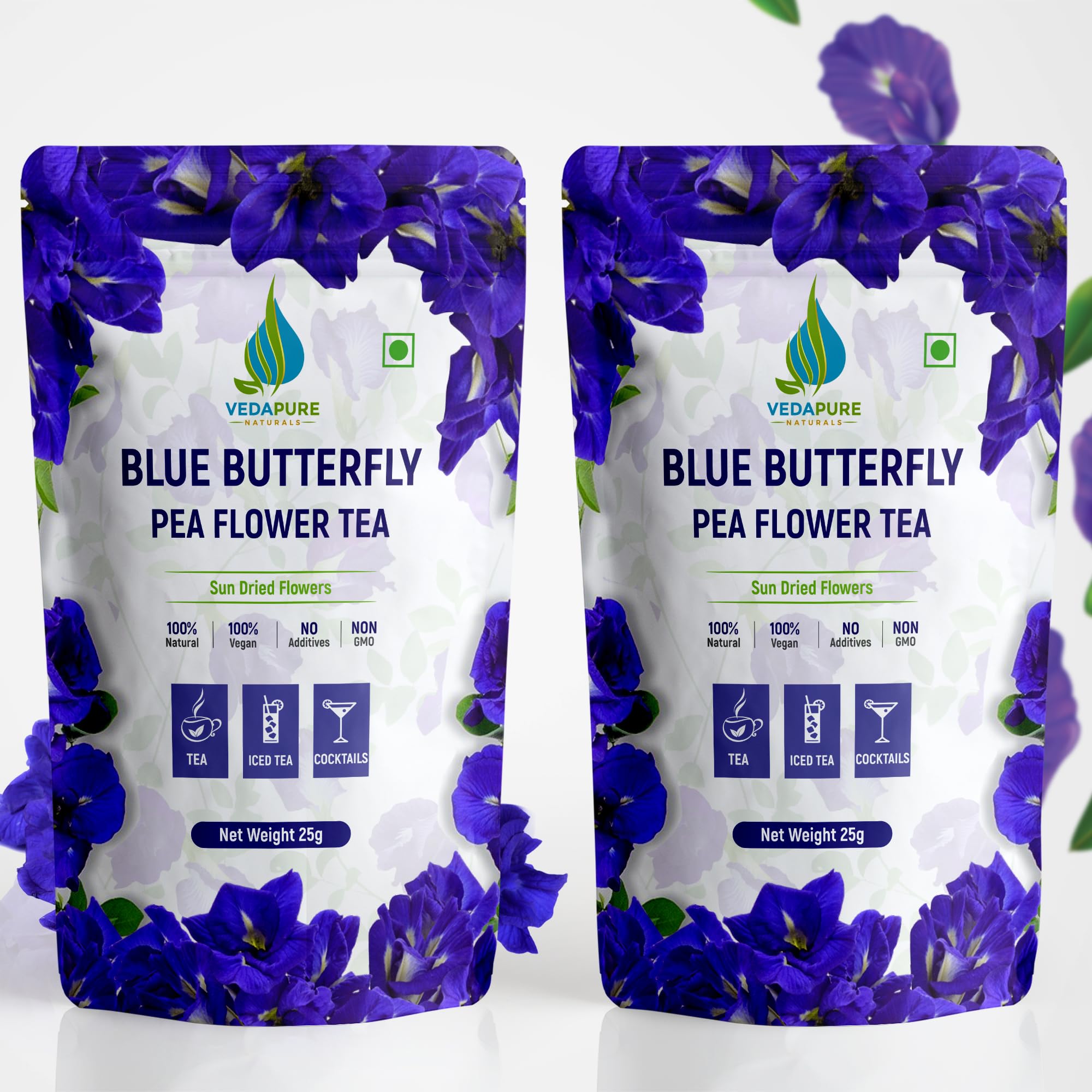 VEDAPURE Blue Butterfly Pea Flower Tea Loose Leaves |Blue Pea Tea For Glowing Skin & Sleep Support| Stress Relief Tea | Steep As Hot Or Iced | Caffeine Free |Makes 50 Cups | 25G (Pack Of 2)