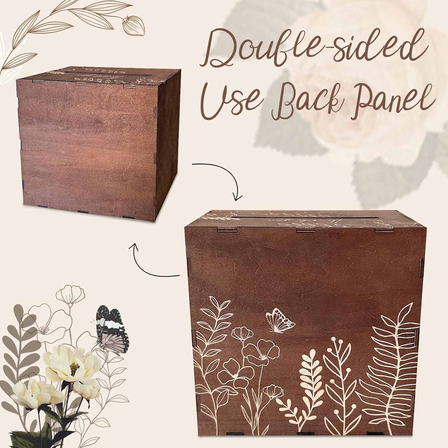 OurWarm Brown Wedding Card Box for Reception with Heart Acrylic Window, Wooden Gift Card Box for Wedding with Flower Pattern, Vintage Card Box for Graduation Birthday Party Anniversary Baby Shower Brown Heart Window image 6 of 7 B0DM8X2T9M