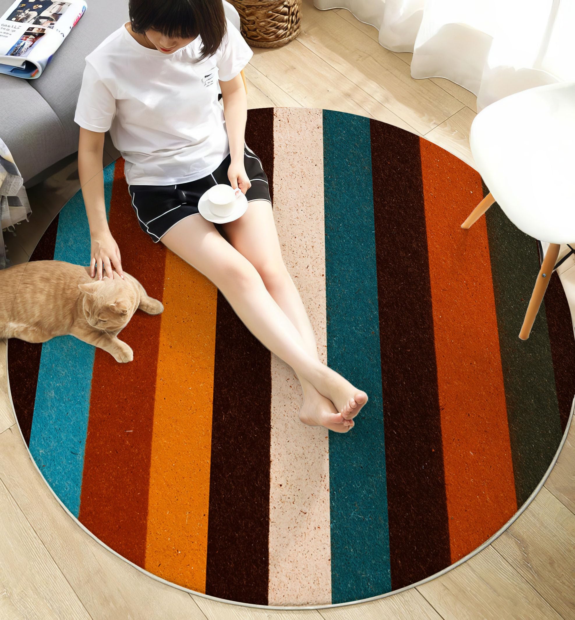 Tapis Rond De Chambre 120 Cm - Patchwork Rayé Rétro Terracotta - Motif Géométrie Simple - Moelleux Et Antidérapant - Tapis De Salon À Poils Courts - Lavable - Moderne Et Doux