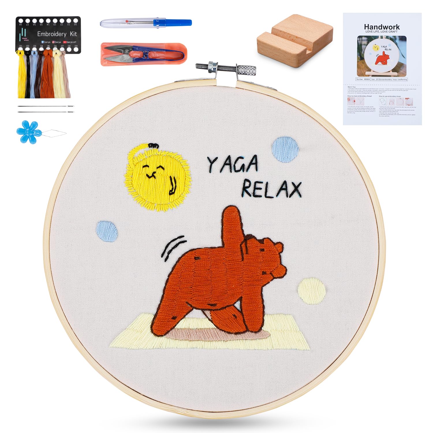 BERYA Bear Embroidery Starter Kit, Adults Starter DIY Needlepoint Kits with Instruction and Video, Embroidery Hoops,Display Stand,Threader,Color Threads and Needles - Perfect for Beginners