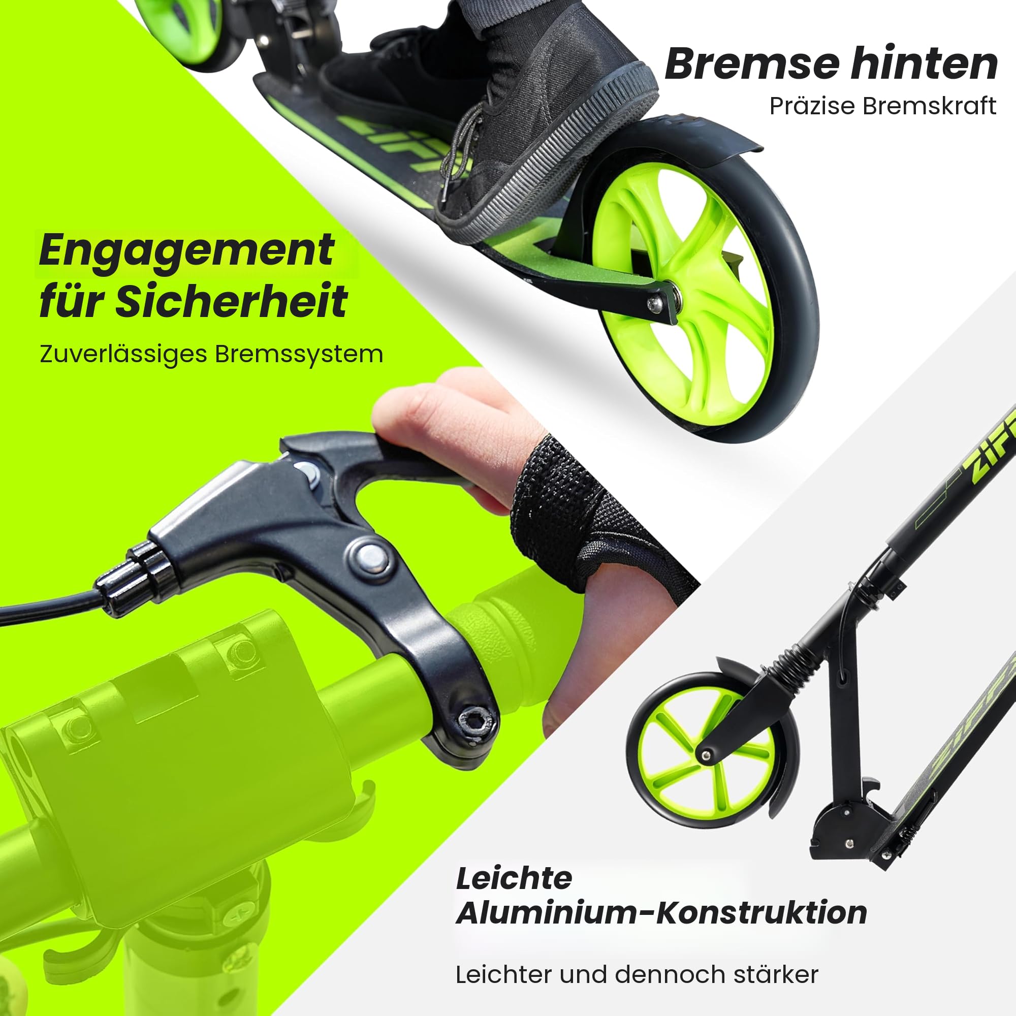 ZIFFY Tretroller Scooter 6–12 Jahre, Schwarz/Grün/Violett, 200mm Räder, ABEC-9, Federung, Faltbarer Aluminiumrahmen, Lenker 79–106 cm, Handbremse, Tragkraft bis 118 kg, Für Kinder & Erwachsene