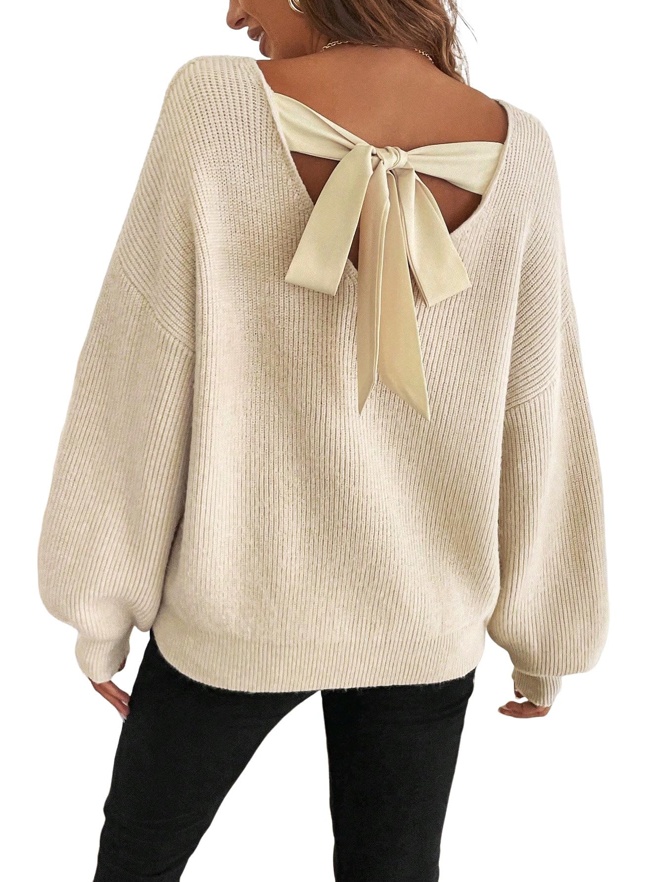 ZAFUL Womens Bow Chunky Knit Sweater Crew Neck Long Sleeve Knitted Sweater Trendy Fall Winter Pullover Sweaters 2025