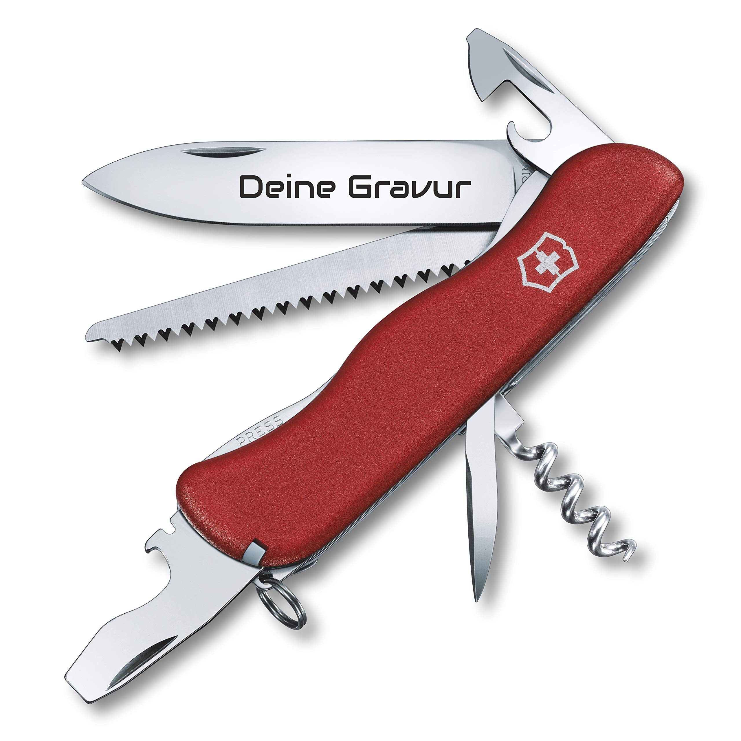 Taschenmesser Forester mit Wunsch Gravur auf der Klinge I Geschenk für Männer Frauen I zum Geburtstag I Schweizer Taschenmesser personalisiert mit 12 Funktionen 0.8363 (rot)