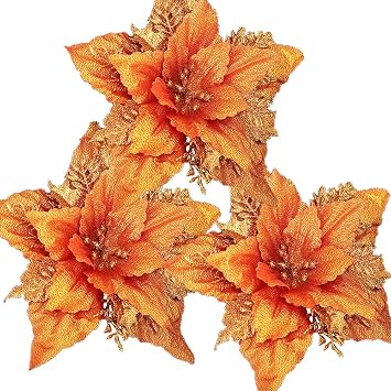 12Pcs Glitter Christmas Poinsettia Flowers 7 Inch Large Artificial Flower Ornament for Xmas Tree Wedding Birthday Festival Holiday Party Home Decoration Orange