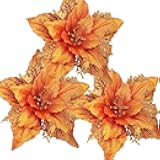 tiecawk 12Pcs Glitter Christmas Poinsettia Flowers 7 Inch Large Artificial Flower Ornament for Xmas Tree Wedding Birthday Festival Holiday Party Home Decoration (Orange)