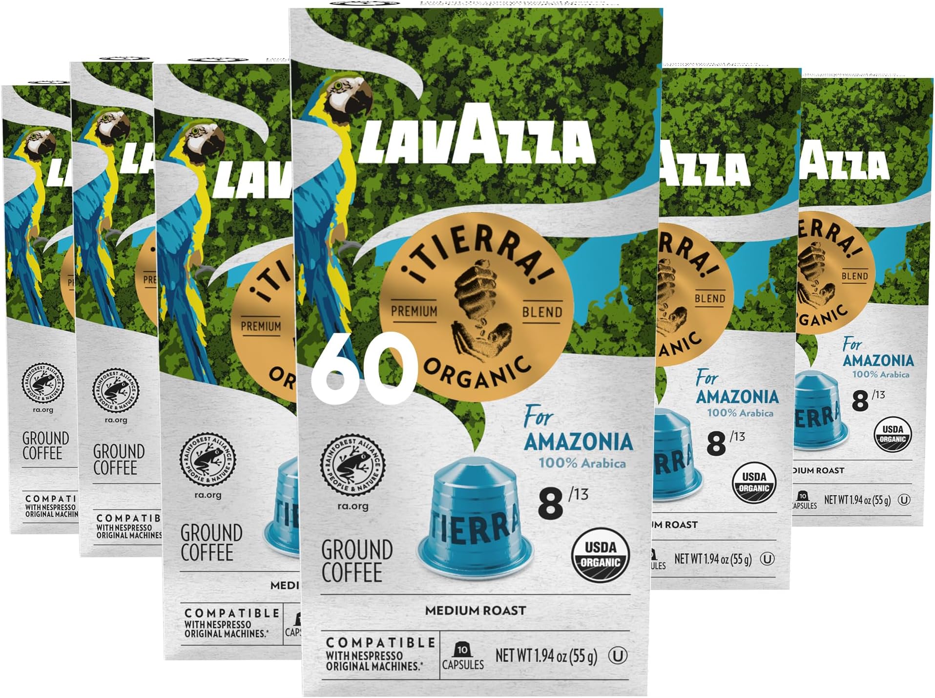 TIERRA AMAZONIA USDA ORGANIC Espresso Aluminum Capsules Compatible with Nespresso Original Machines (Pack of 60) ,Value Pack, Medium Roast 100% Arabica, Round & Balanced, notes of chocolate & caramel, Intensity 8 of 13