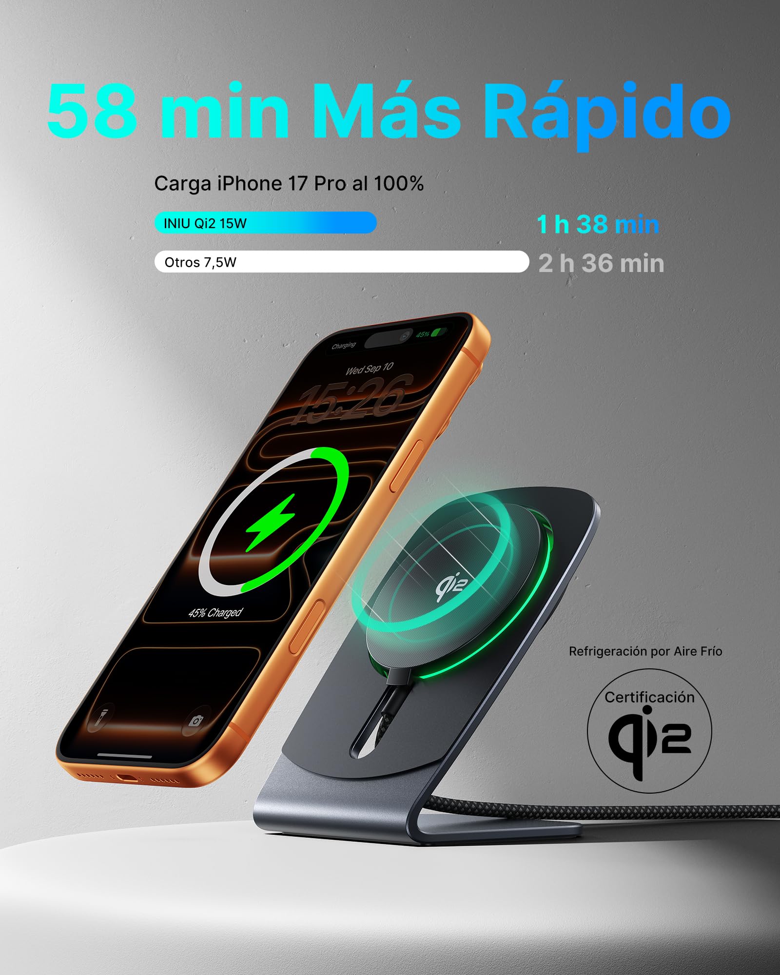 INIU Cargador Inalámbrico iPhone, 15W Certificado Qi2 Base Carga Rápida Magnética y Soporte Móvil, Mag-Safe Wireless Charger for iPhone 17 16 15 14 13 Pro Max Mini AirPods 4 3(con Adaptador USB C 20W)