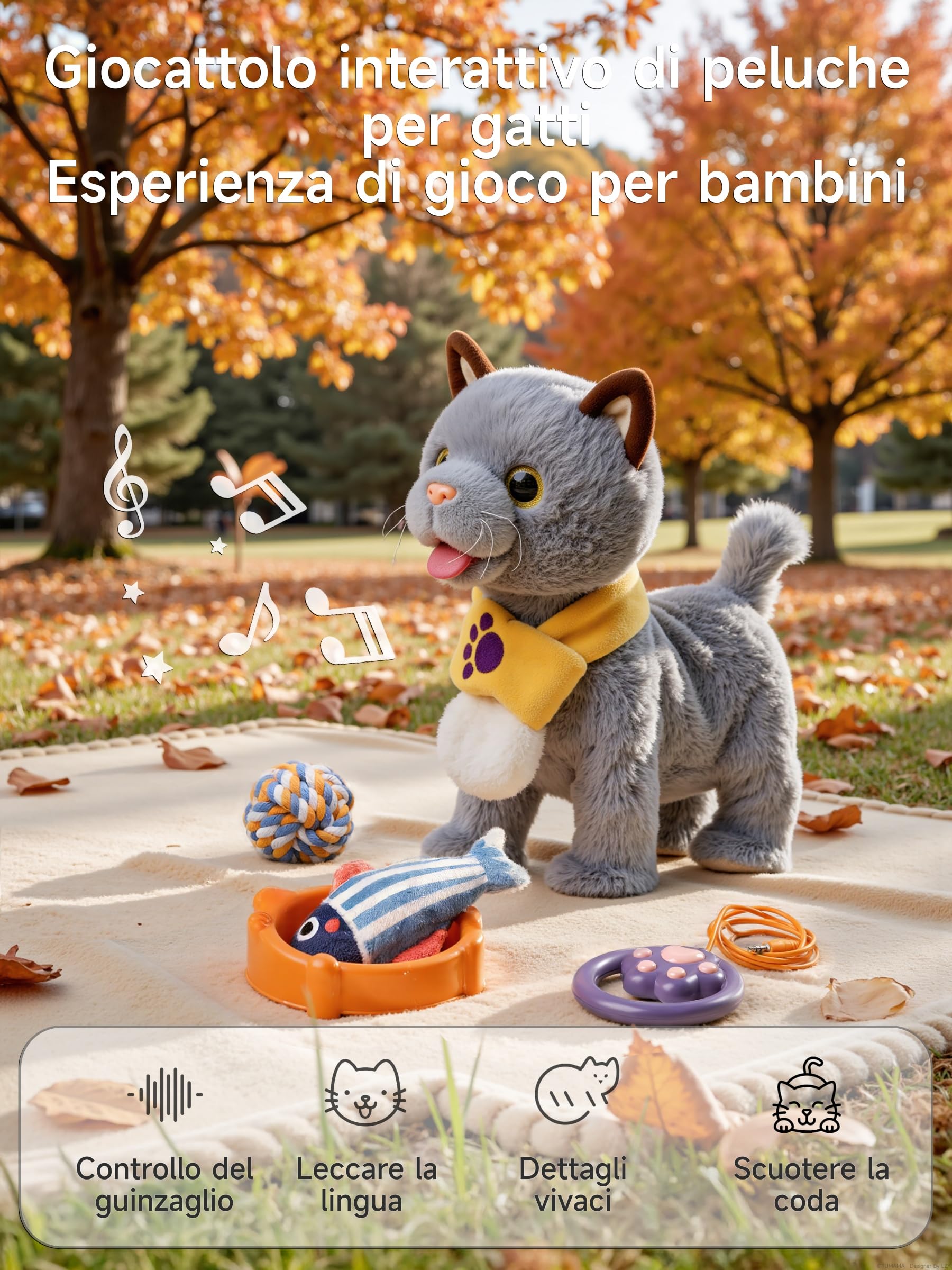 TUMAMA KIDS Giocattolo interattivo per bambini con 6 musiche, peluche gattino con telecomando e guinzaglio che corre e abbaia, peluche elettronico gattino a partire dai 2 anni - camminare, miagola