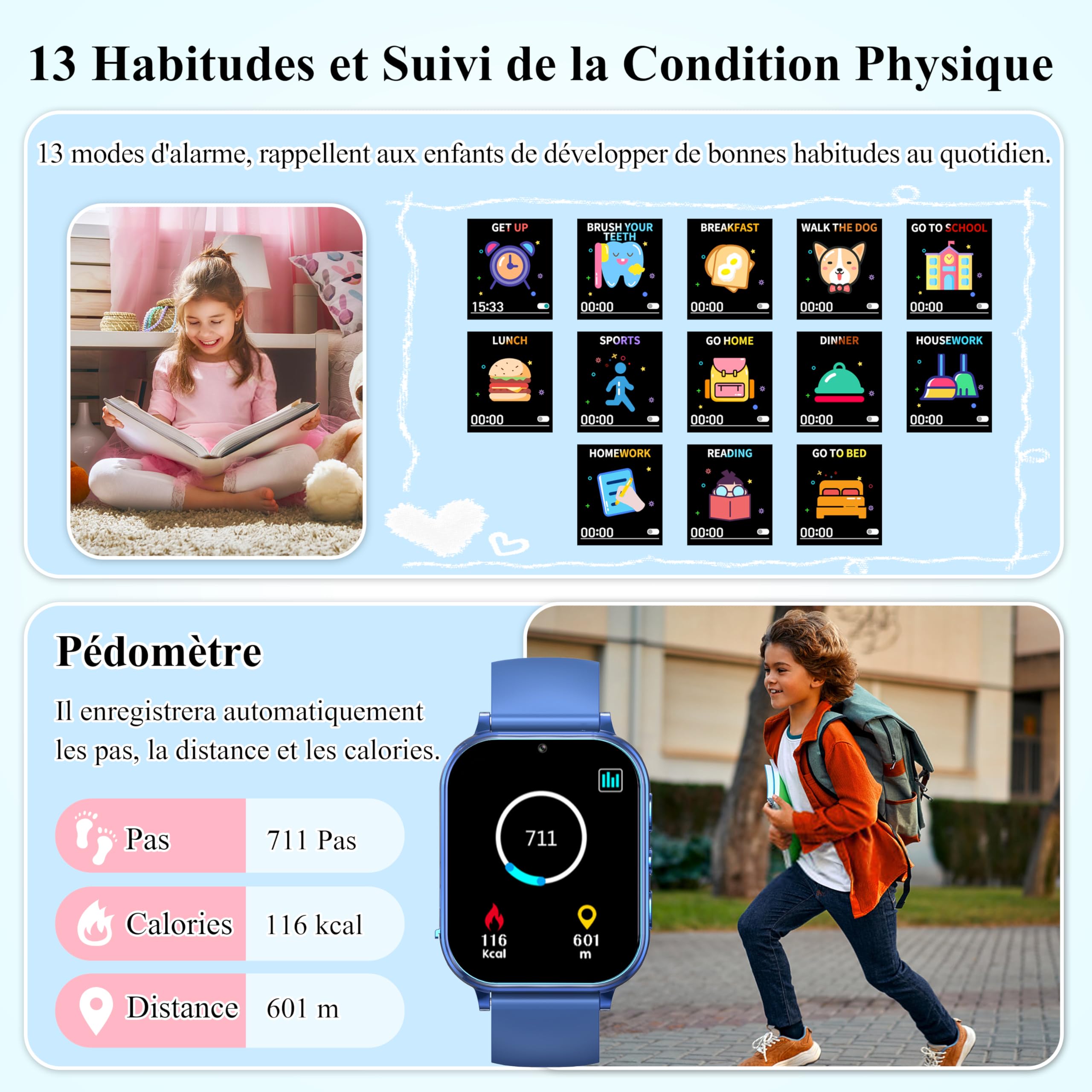 KALINCO Montre Connectée Enfant, 1,83" Smartwatch Avec Caméra HD/Lecteur de Musique vidéo/Livre Audio/Carte D'étude/13 Formation D'habitudes/Calculatrice, Cadeau pour Fille Garcon Femmes Hommes 5+ Ans