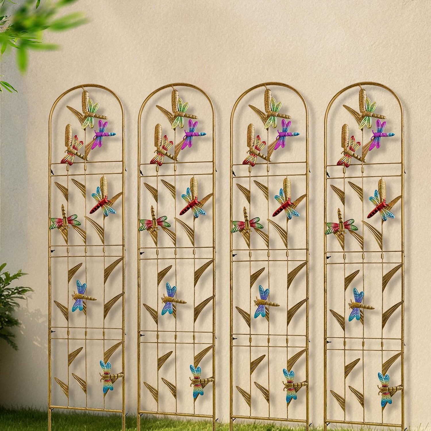 4 Pack Metal Garden Trellis with Colorful Dragonfly Outdoor Decoration Arched Fence Trellis for Climbing Plants for Patio, Backyard