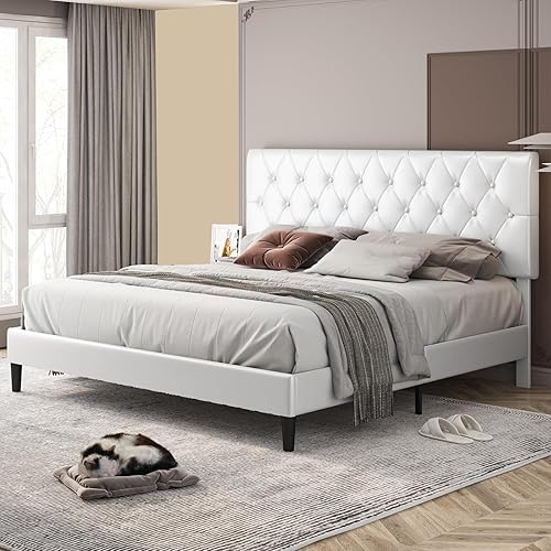 Miniatura 8 de Base de cama de plataforma tamaño Queen con cabecera capitonada ajustable con botones cama tapizada de piel sintética con soporte de listones de
