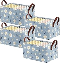 Wardrobe Organizer for Clothes with Metal Frame Rectangle Storage Baskets for Clothing Fabric Storage Box with Handles Shelf Basket for Storage Clothes Pants (Blue Floral Print) (Pack of 4)