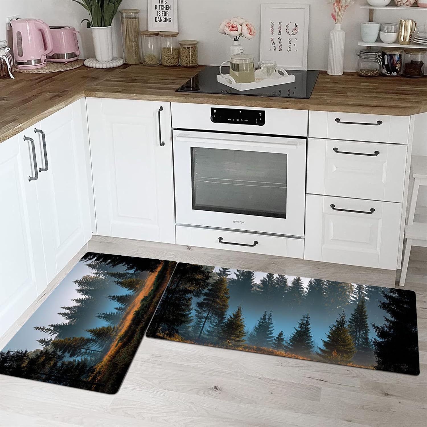 Misty Pine Forest Kitchen Rugs Sets Non Slip Washable Kitchen Mats Anti Fatigue Comfort Nordic Style Floor Mats for Laundry, Hallways, Sink 20"x59"+20"x32" Dark Green