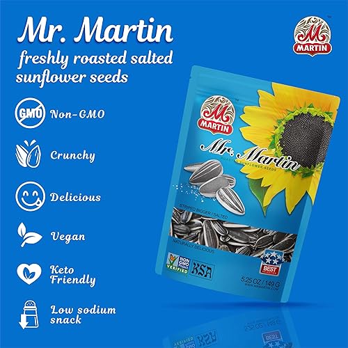 Miniatura 5 de MR. MARTIN Semillas de girasol recién tostadas, jumbo, crujientes, deliciosas, sin OMG, veganas y cetogénicas, aperitivo bajo en sodio, 5.25 onzas