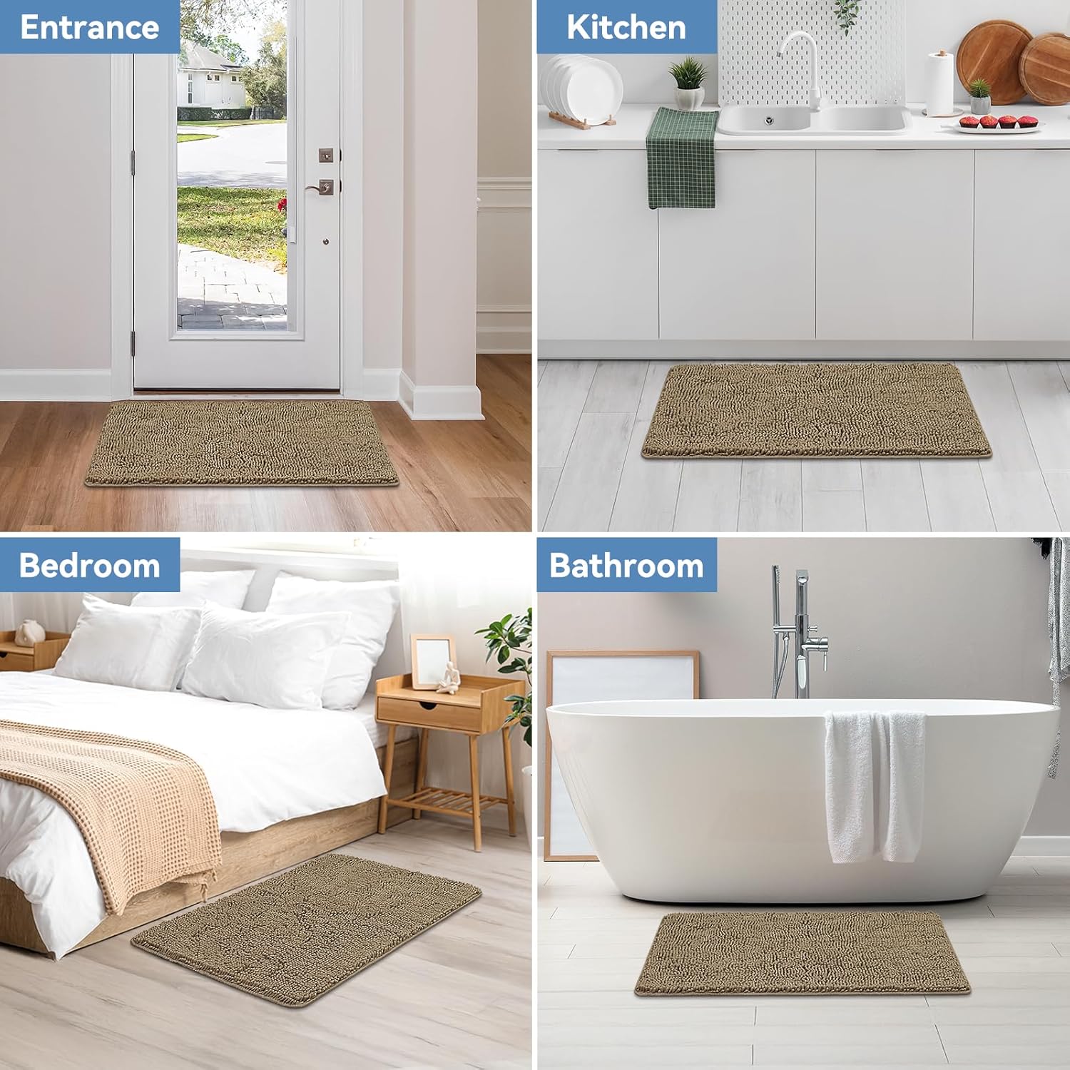 Bcoimo 36x24 Chenille Bath Mat – Non-Slip with Backing Bath Rug Ultra-Absorbent and Machine Washable Bathroom Mat Quick-Dry Design. Ideal for Bathroom Shower and Tub Areas