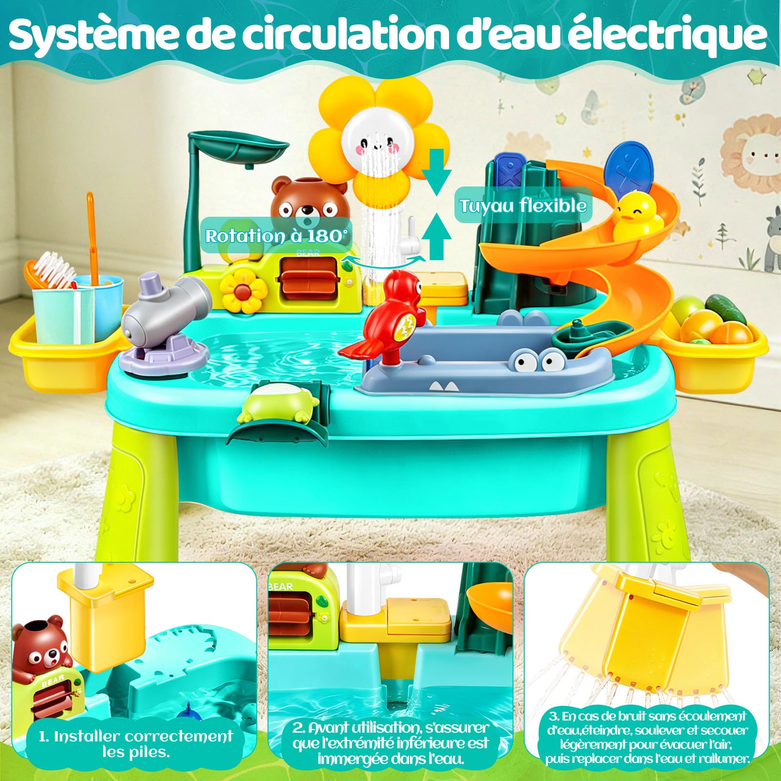 Jouet D'évier de Cuisine, Table Eau Enfant Exterieur, Jeu d'eau Enfant avec Circuit Eau, Évier Jouet avec Robinet Électrique Légumes et Jouets de Pêche pour Garçons et Filles 3+ Ans (Bleu)