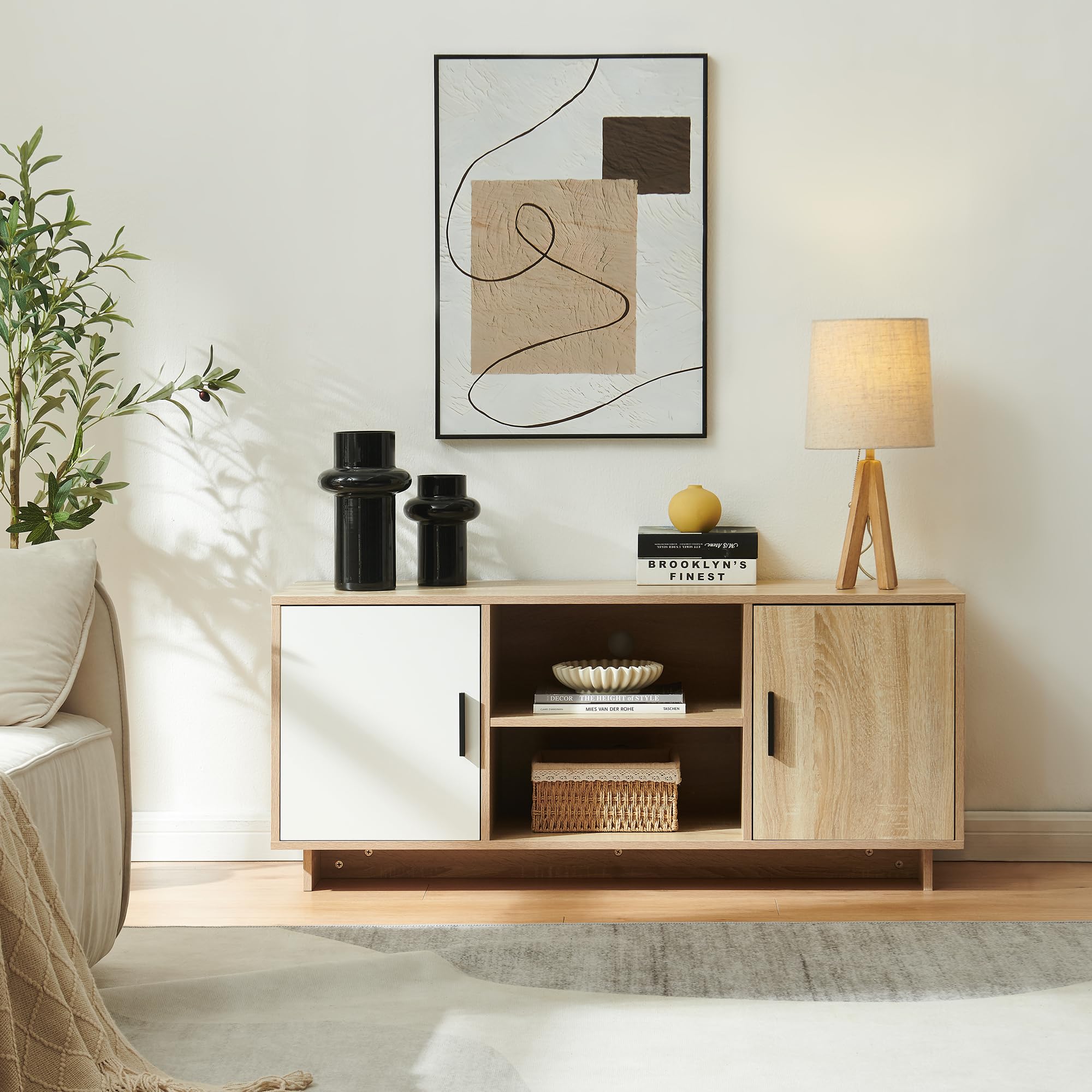 [en.casa] Mobile Porta TV a 2 Ante e Scomparti Aperti Supporto Televisore Stand Multimediale Credenza Bassa per Soggiorno Studio Living 120x39x52 cm Effetto Rovere Sonoma/Bianco