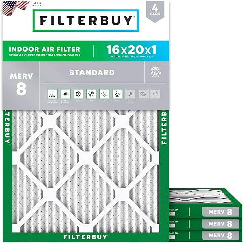 Filterbuy 16x20x1 Air Filter MERV 8 (4-Pack) - Electrostatic Pleated HVAC Replac