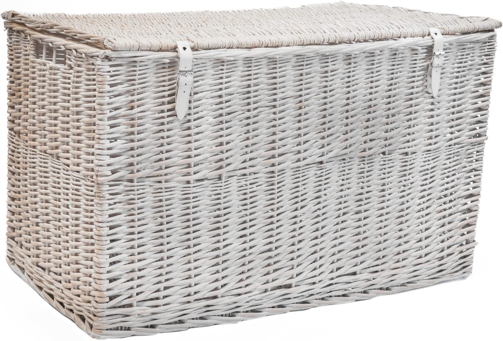 Arthur Cameron - Lightweight Wicker Storage Trunk, Storage Box with Lid & Leather Straps - Woven Chest, Basket, Large Wicker Basket with Lid (White Wash, Extra Large)