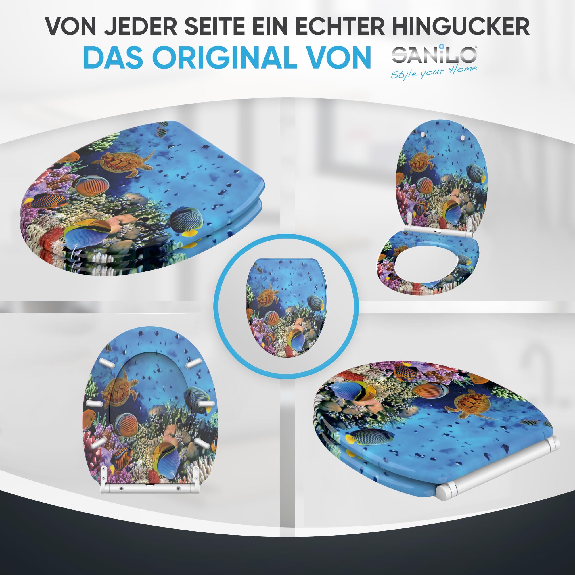 Sanilo WC Sitz mit Absenkautomatik & Schnellverschluss, Toilettendeckel per Knopfdruck abnehmbar, einfache Montage von oben (Ocean)