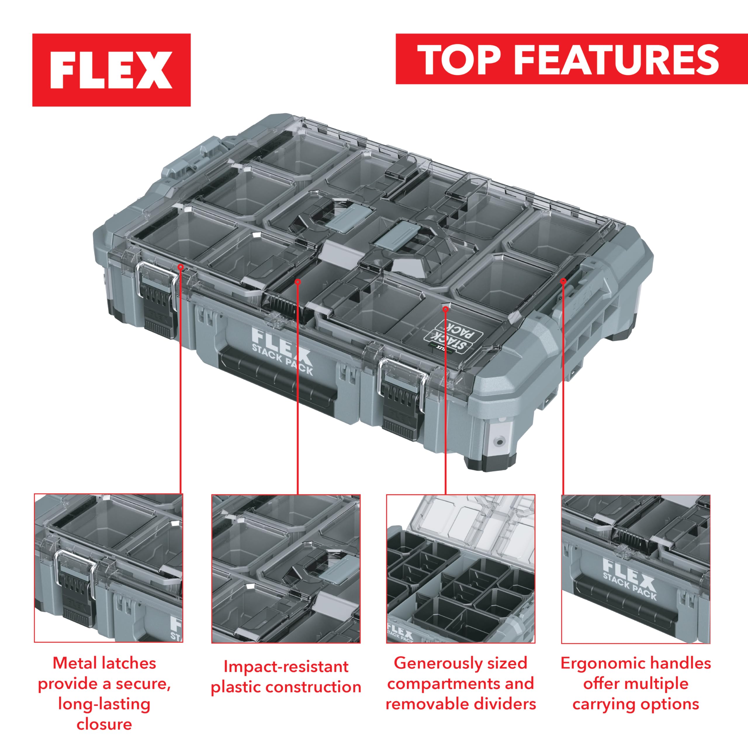 Flex Walizka transportowa Big Organizer STACK (z odpornego na uderzenia tworzywa sztucznego, dł. x szer. x wys. 560 x 397 x 143 mm, z metalowym zamknięciem ryglowym, walizka narzędziowa) 531467