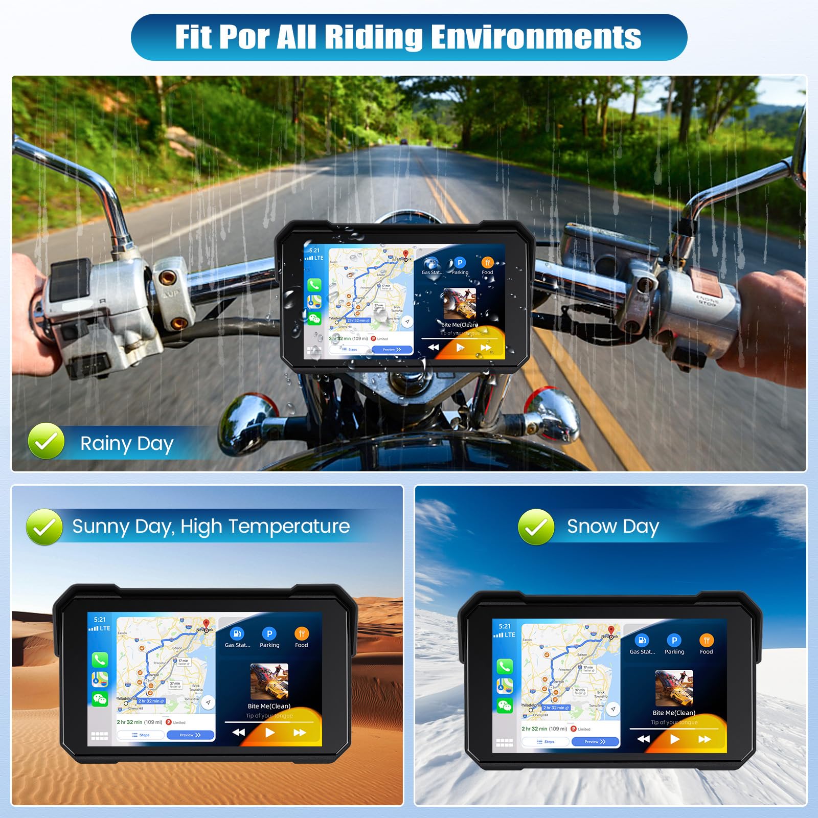Motorrad Navigationssystem mit CarPlay Bildschirm, kabellosem CarPlay Android Auto, Tragbarem, Wasserdichtem 5 Zoll Touchscreen Motorrad Navigationssystem mit Bluetooth Siri