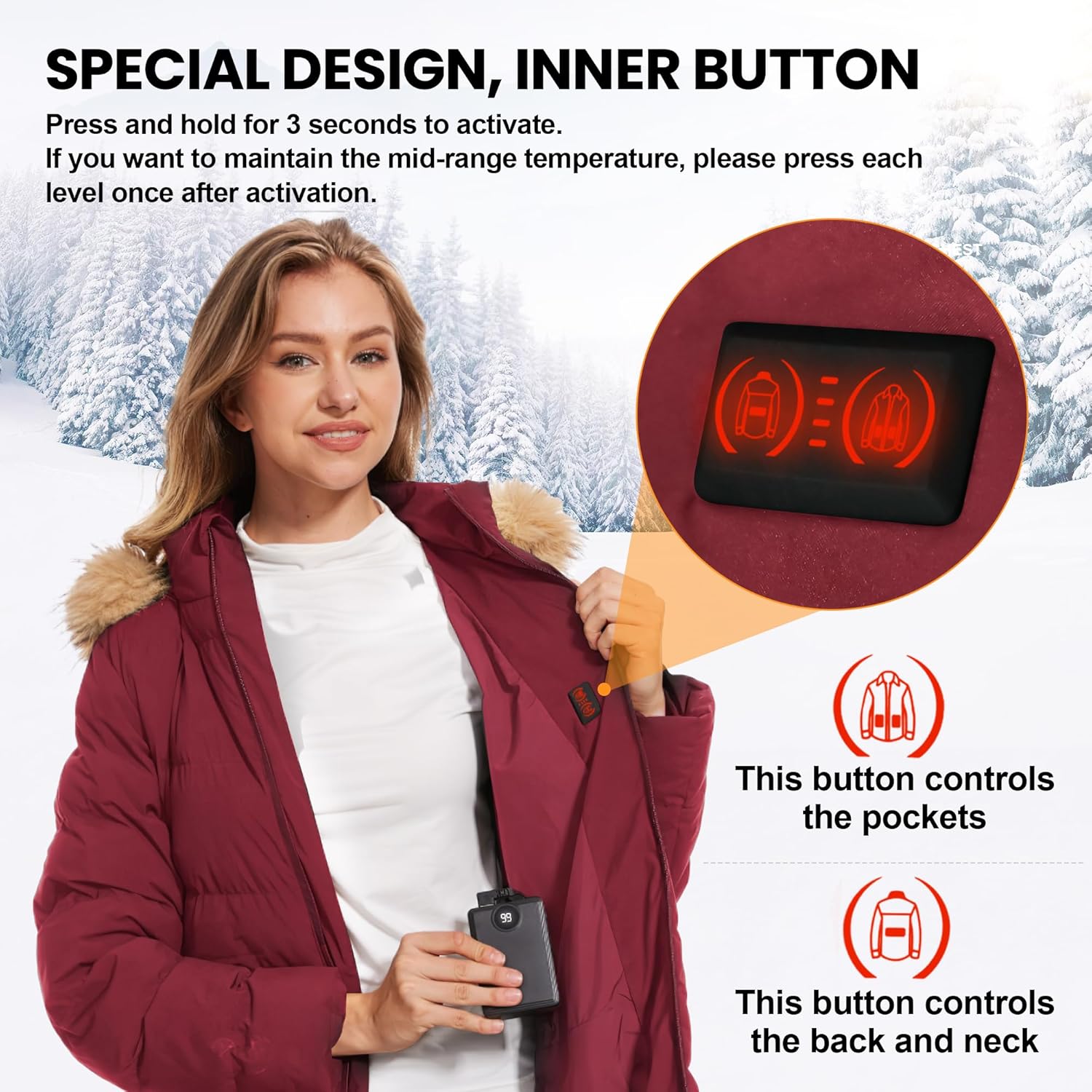 Heated Women Jacket, 2 Pack 12000mAh Power Bank, 5 Heat Zone, 4 Heating Level - Image 4