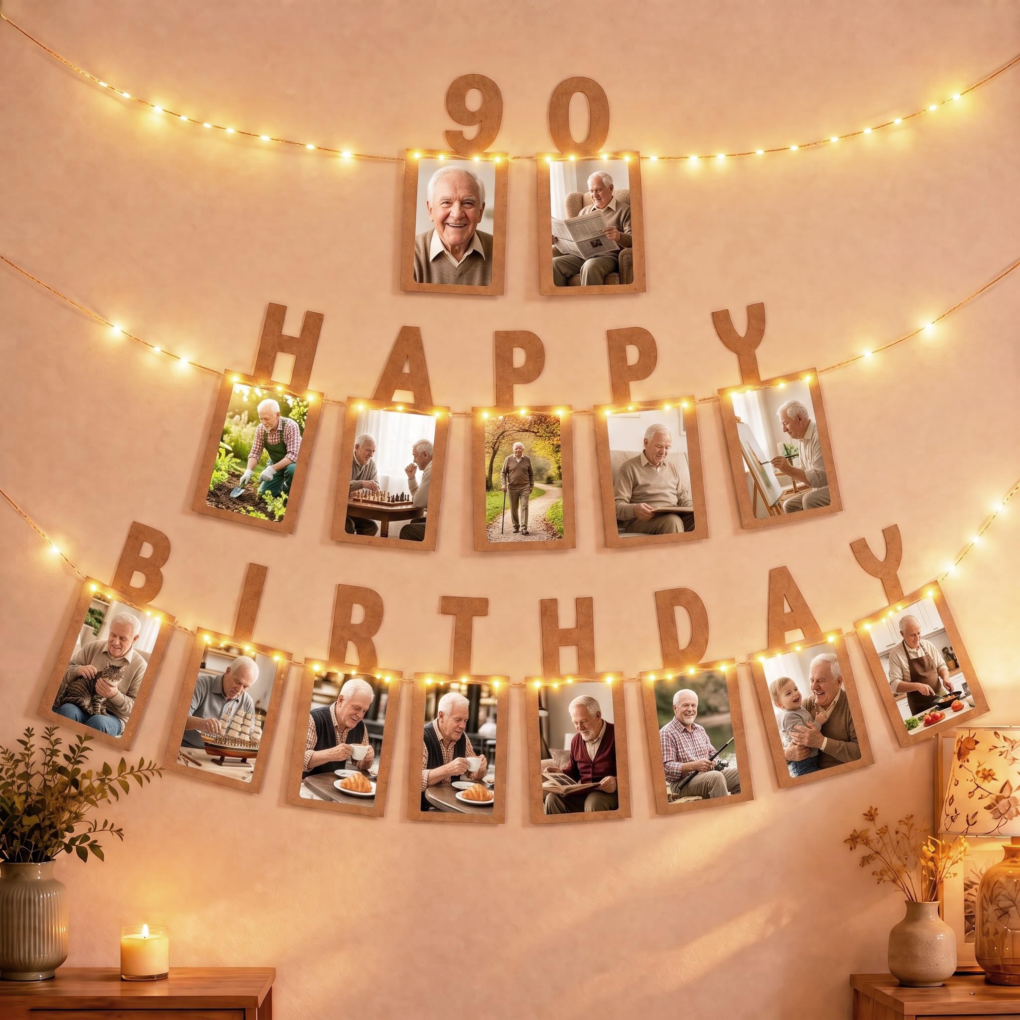 Seutgjie Happy 90th Birthday Photo Banners with LED Lights