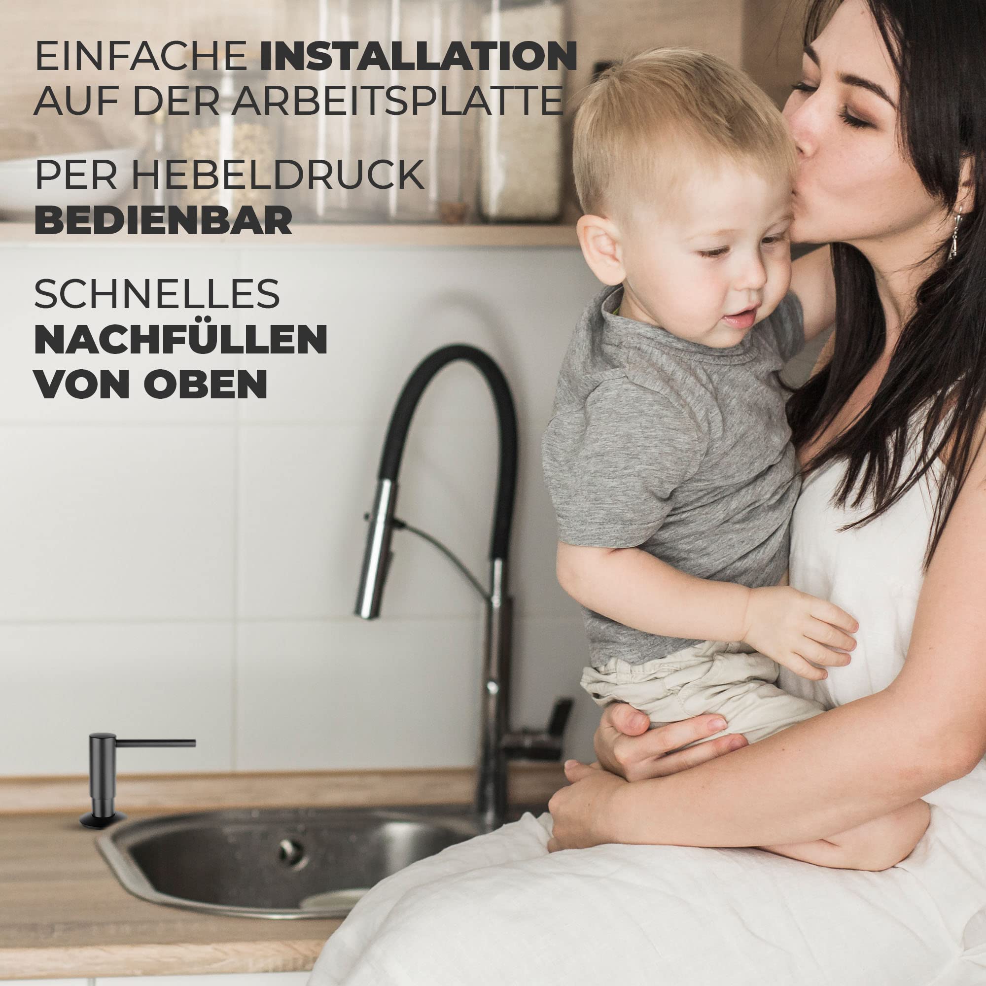 Mizzo Seifenspender zum Einbauen, 300 ml, für Spülmittel, Desinfektion, Lotion oder Flüssigwaschmittel, wiederaufladbar, Öffnung 26 – 31 mm, 360 ° drehbar, Schwarz