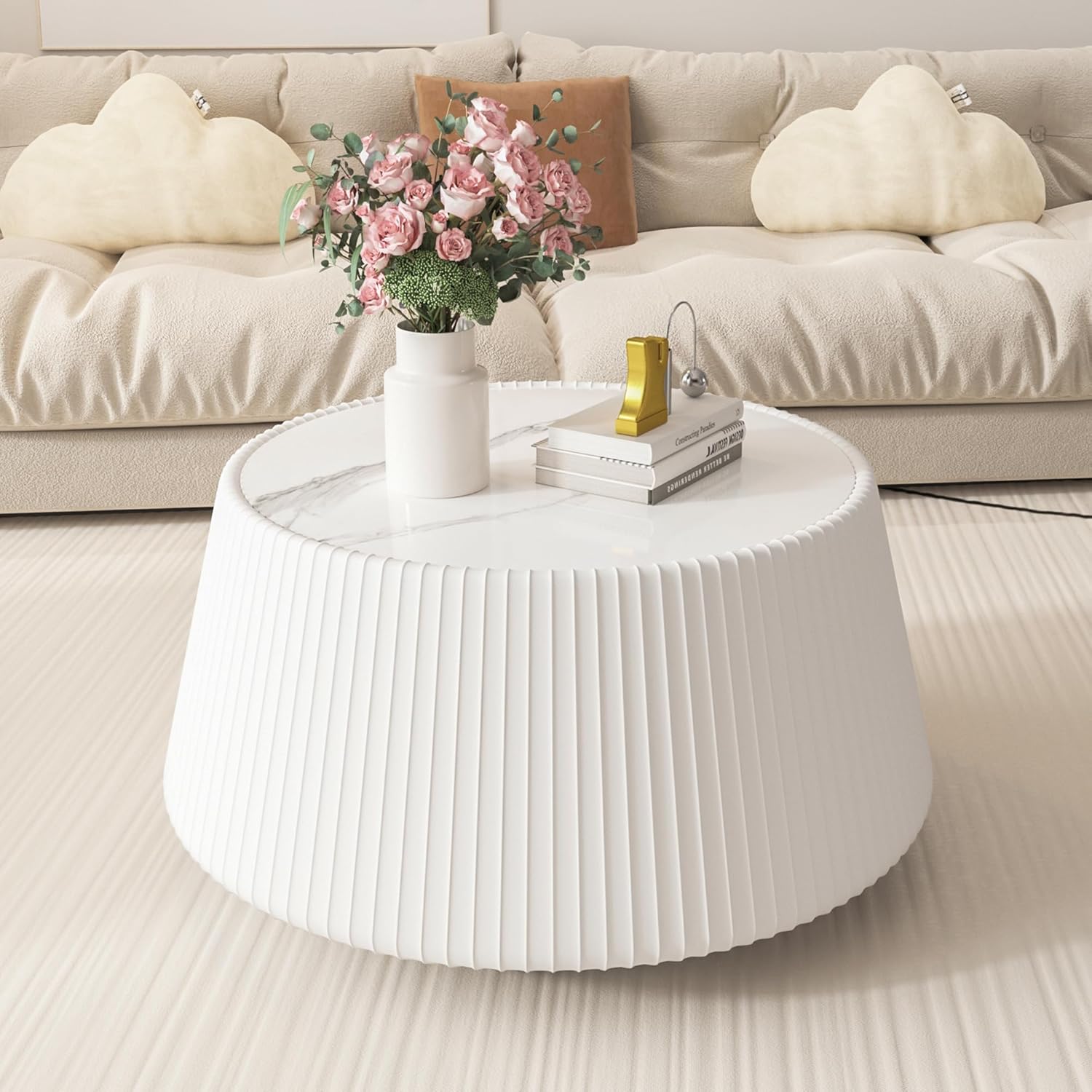 26.77" White Round Coffee Table, Drum Coffee Table with Sintered Stone Tabletop and Fluted PU Leather Covered and Stable Base, Circle Cocktail Tea Table for Living Room