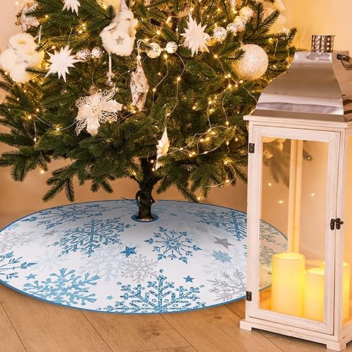 Miniatura 6 de Fzbali Faldón de árbol de Navidad de 48 pulgadas, falda de árbol artificial grande de invierno nevado azul y blanco para decoración del hogar de