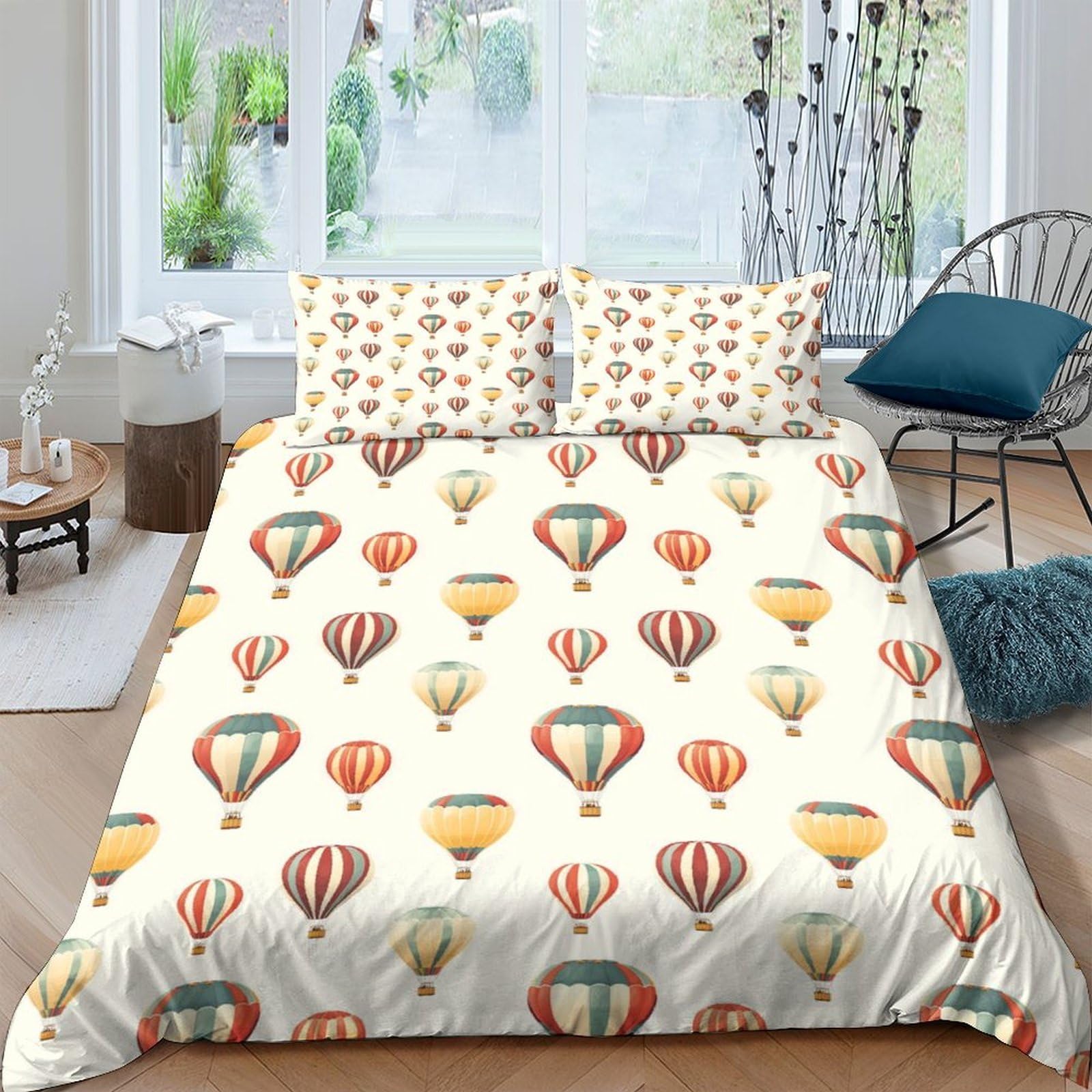 GPLZQXKJNH 3D Printed Hot Air Balloon Duvet Cover Set Microfiber Colourful Bedding with 2 Pillowcases, Breathable for Bedroom Home Decor Single（135x200cm）