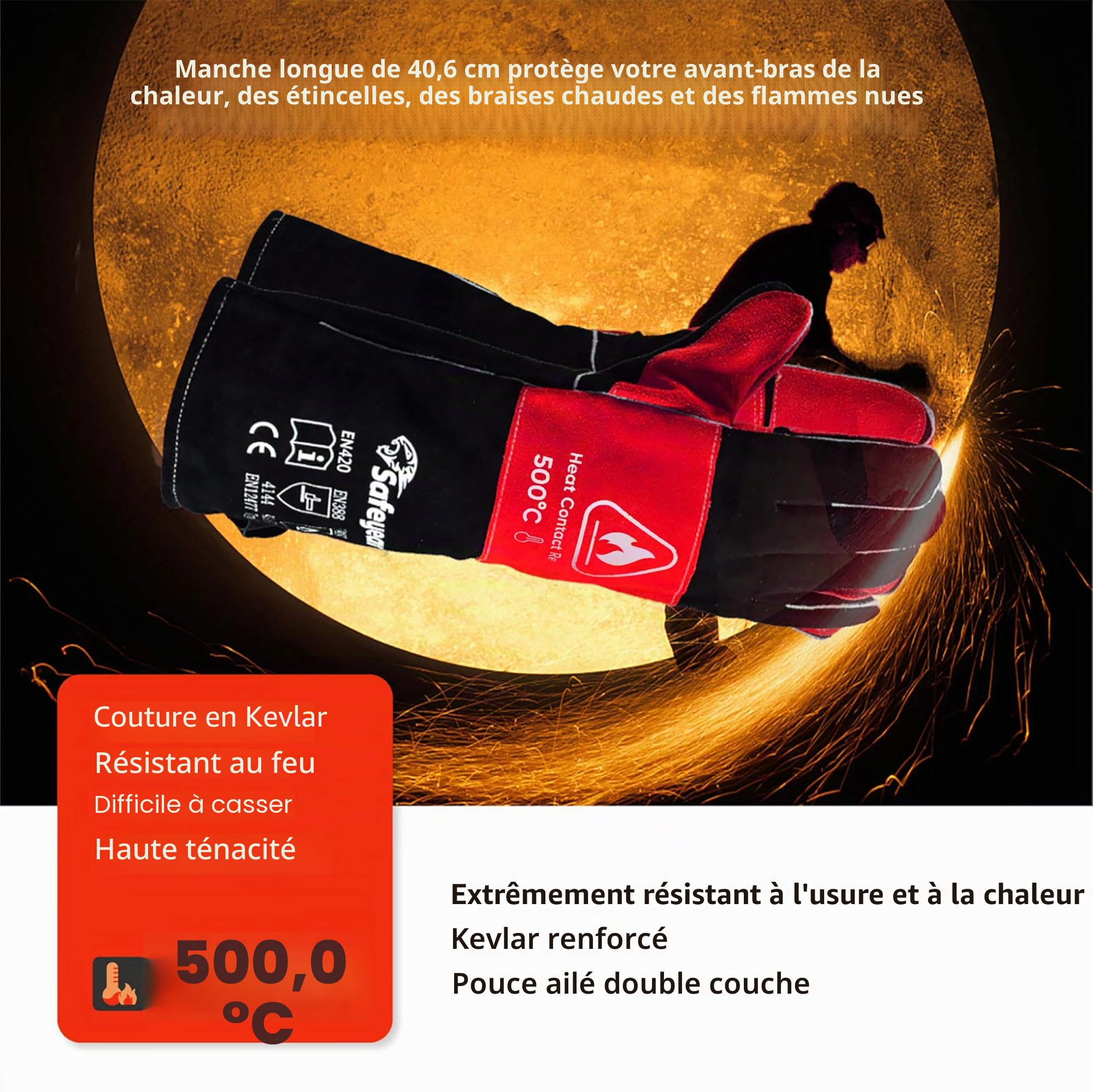 SAFEYEAR 932°f / 500°c, gants de soudage forgés en cuir, coutures Kevlar, gants de travail Extreme résistant à la chaleur et au feu pour le soudage, cheminée, four, Grill, barbecue, 16in / 40cm