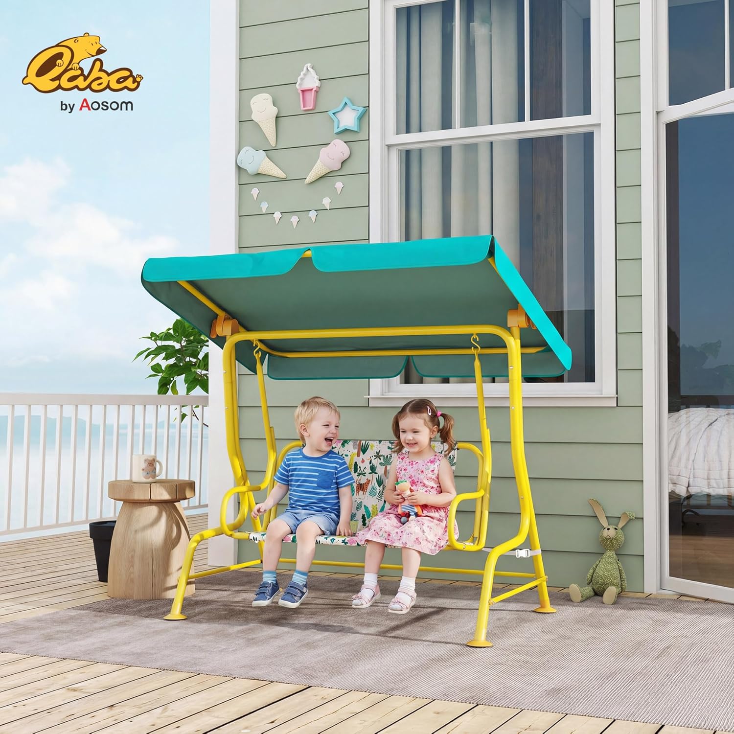 Qaba Kids Patio Swing, 2-Seater Outdoor Porch Swing Chair with Adjustable Canopy, Safety Belt, Jungle Animal Pattern Hanging Swing Bench for Garden, Backyard, Green