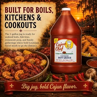 Cajun Chef Louisiana Hot Sauce 1 Gallon, 128 fl oz Cajun Cayenne Pepper Sauce, Mild Heat Hot Sauce for Gumbo, Seafood, Soups, Wings, BBQ, Pizza and Everyday Cooking