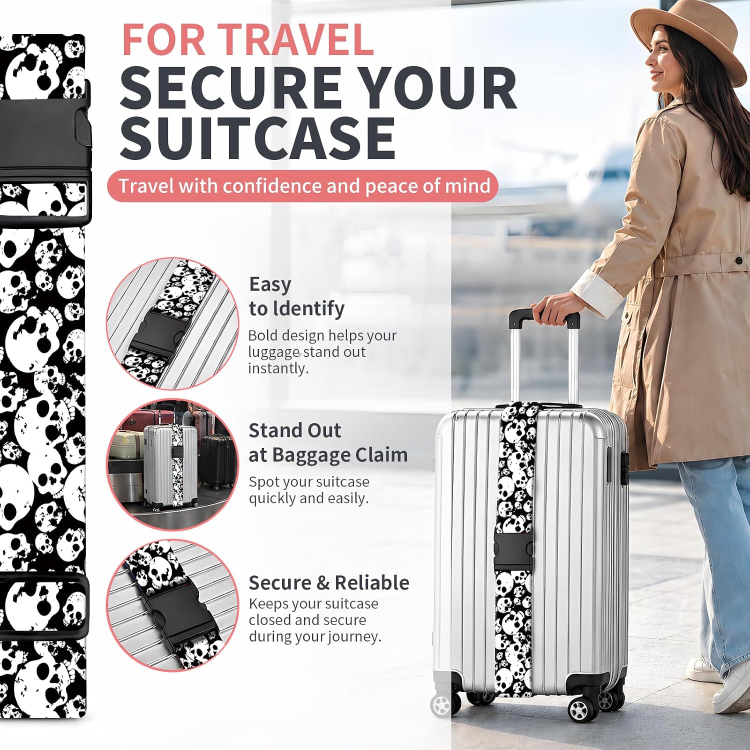 Luggage Strap for Suitcases Adjustable Travel Belt with Quick Release Buckle, Cute Travel Accessories for Suitcase Strap Trendy Skull
