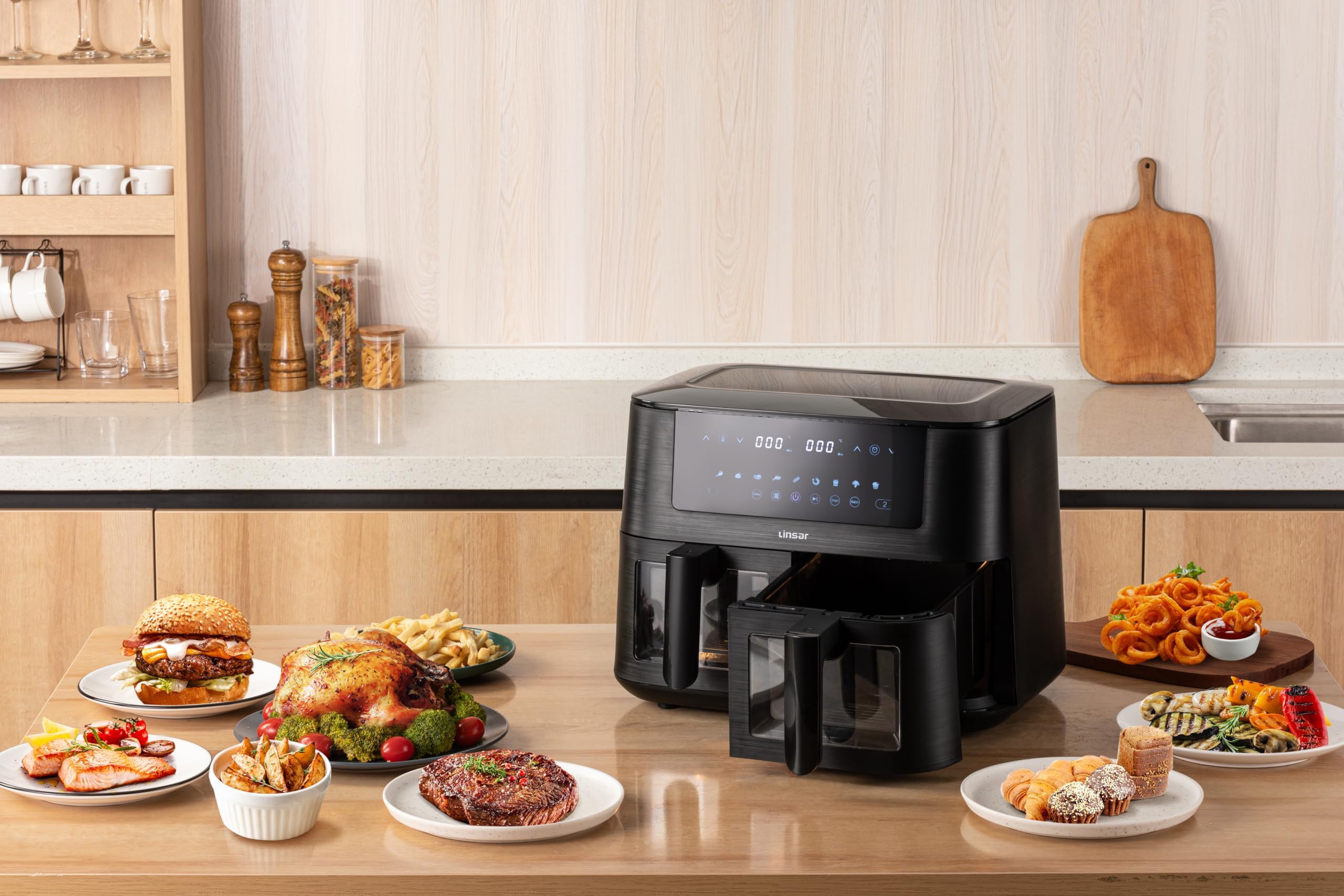 Linsar Dual Zone Heißluftfritteuse mit Doppelkammer, 8L Air Fryer 2 Körben mit Sichtfenster, Touchscreen,9 Presets,Dual Cook, Synchronisieren Fertig Technik, 2570-3040 Watt (Schwarz)