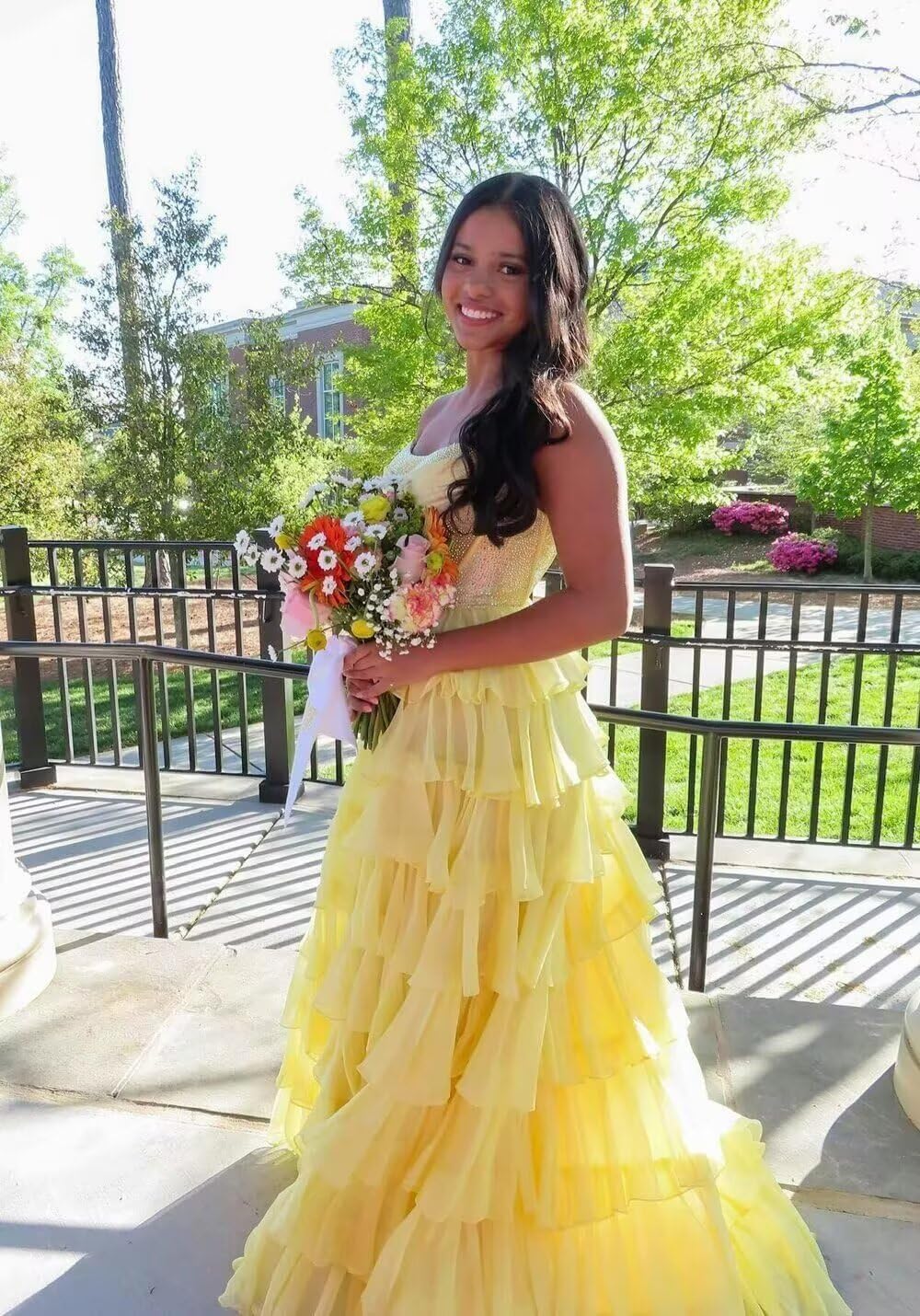 Strapless Sparkly Prom Dresses for Women Chiffon Tiered A Line Long Formal Evening Gowns with Slit